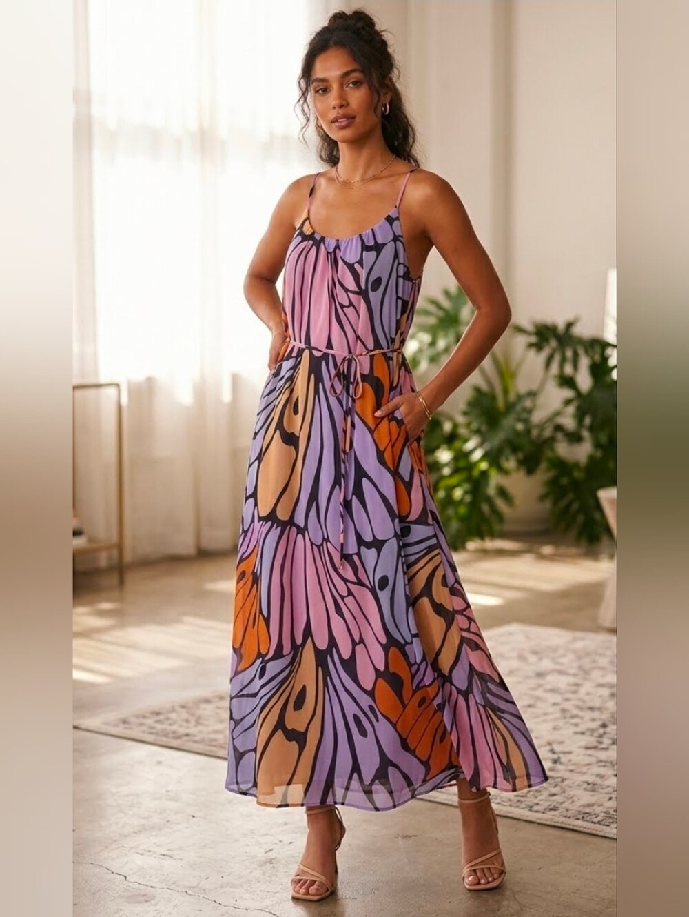 Sam Edelman Butterfly Trapeze Chiffon Maxi Slip Dress Purple Orange Medium M